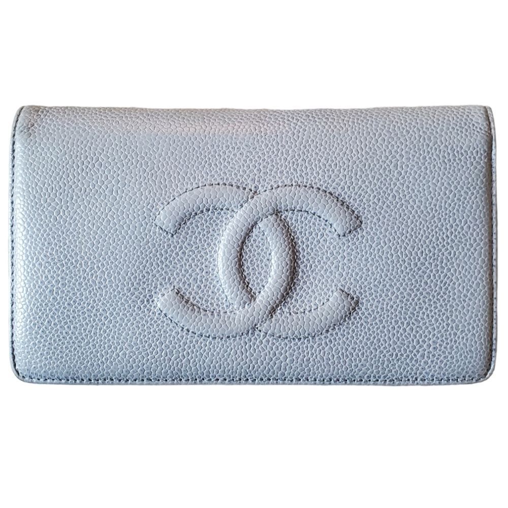 CHANEL Caviar Skin Light Blue CC Bifold Long Wallet